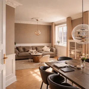 Så blev herskabs villaen færdig og her ses tydeligt hvilken forandring der er sket. Højpaneler varm mørk bage farve og hvidt loft med stuk og rosætter - Hilderød